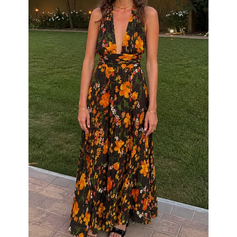 ASOS‎ DESIGN Floral Halter Maxi Dress Black Gold Metallic Shimmer Open Back US 6